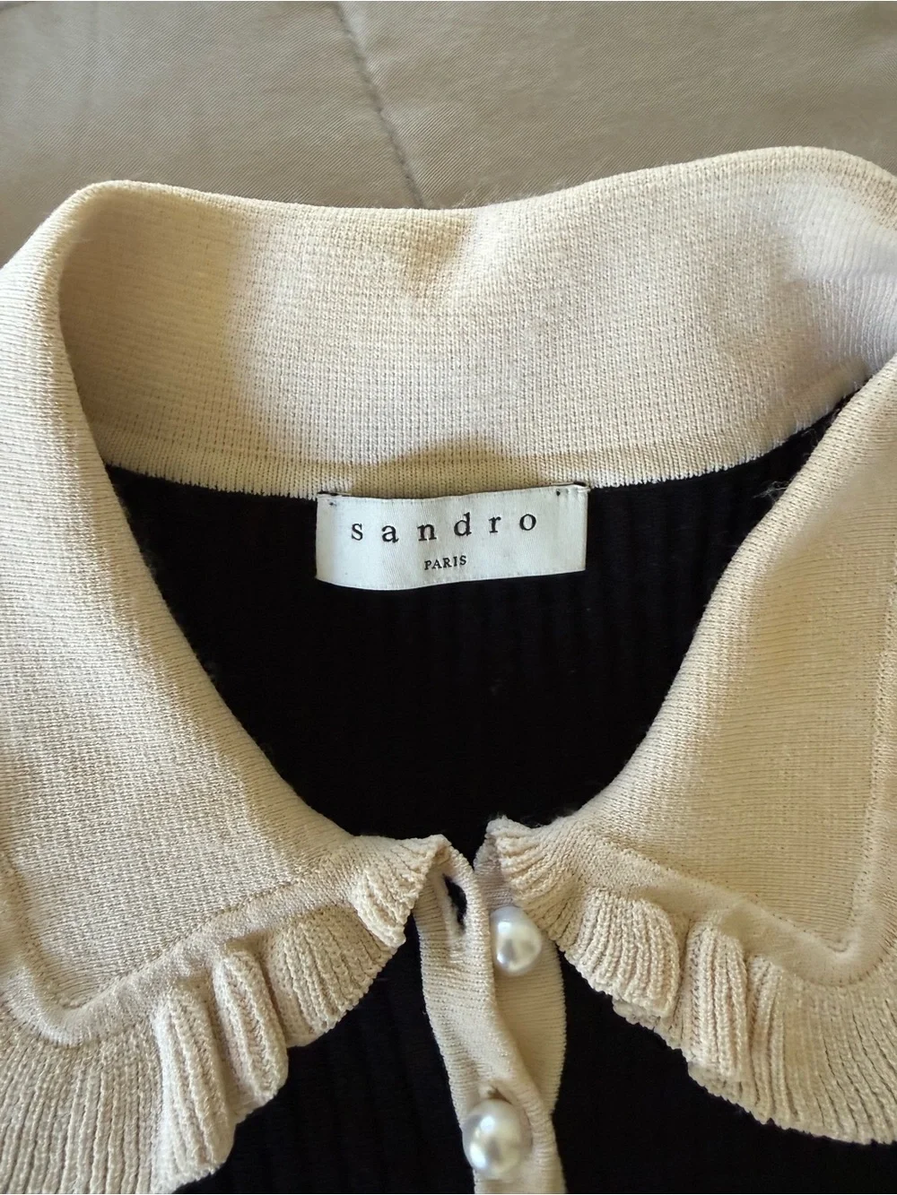 Sandro Black Ribbed Polo Top with Cream Ruffled Trim - Picture 3 of 3